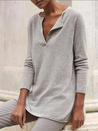 Gray Plain Casual Cotton-Blend Sweater