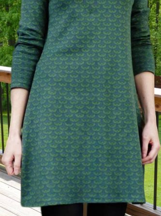 Green Long Sleeve Cotton-Blend Geometric Crew Neck Knitting Tunic Dress