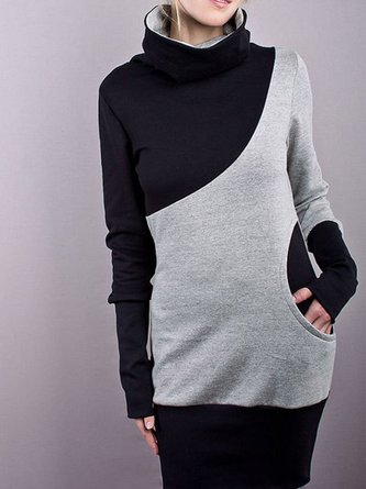 Black Pockets Cotton-Blend Long Sleeve Stand Collar Knitting Dress