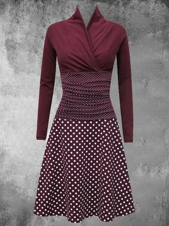 Polka Dots Cotton-Blend V Neck Casual Knitting Dress