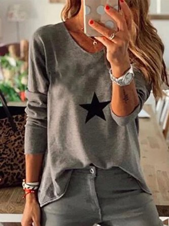 Gray Long Sleeve Cotton-Blend Casual Tunic T-Shirt