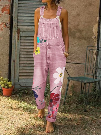 Women Fashion Denim Floral-Print Jumpsuits Overalls