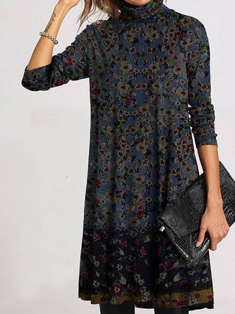 Women Floral-Print Long Sleeve Cotton-Blend Knitting Dress