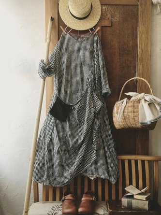 Vintage Plaid Long Sleeve Casual Weaving Dress