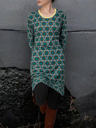 Green Cotton-Blend Vintage Tribal Knitting Dress