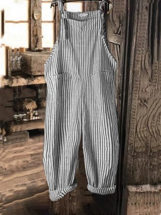Vintage Black Gray Linen Stripes Pants Linen & Cotton Romper Jumpsuits