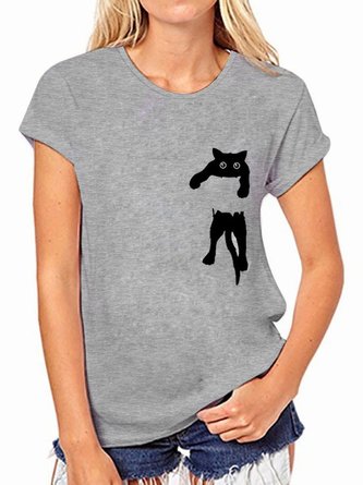 Women Casual Cat Printed Cotton Crew Neck T-shirt & Top