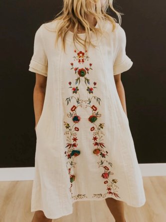 Beige Floral-Embroidered Short Sleeve Weaving Dress