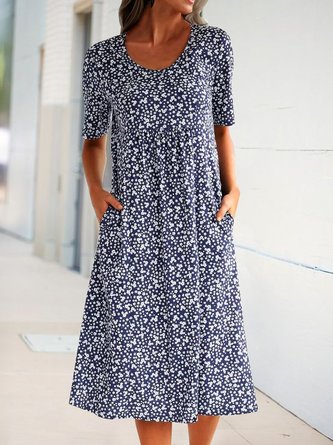 Women's Short Sleeve Shift Floral-Print Causal Dress