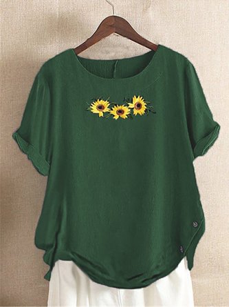 Green Casual Floral Floral-Print Cotton T-shirt