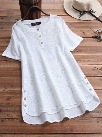 White Hollowed Plain Round Neck Casual T-shirt