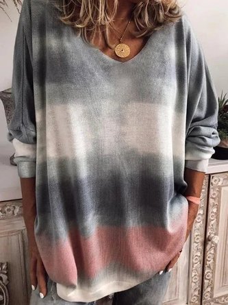 Plus Size Casual Long Sleeve V Neck Tops