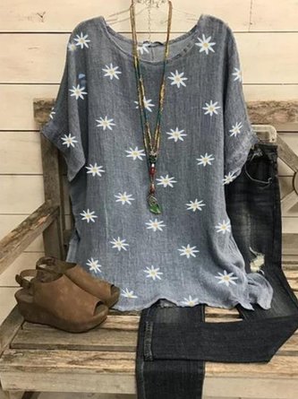 Gray Round Neck Printed Casual Top for Women