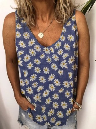 Casual Plus Size Daisy Floral Printed Sleeveless Tank Tops