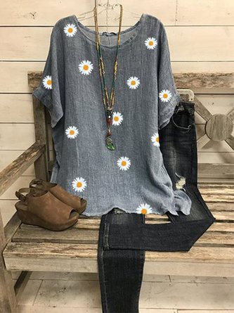Gray Cotton-Blend Short Sleeve Floral Tops