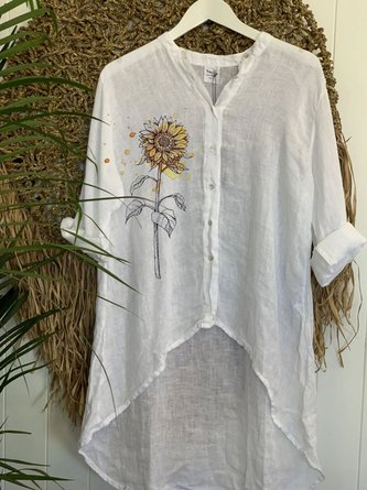 Retro loose basic simple casual sunflower print summer cotton and linen Tunic Shirt