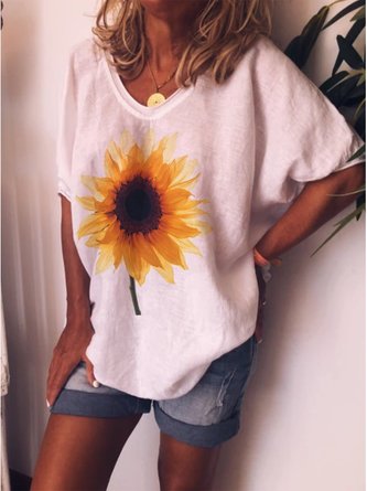 Loose casual sunflower printed short sleeve round neck Tunic T-Shirt