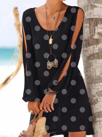 Black Long Sleeve Polka Dots Round Neck Knitting Dress