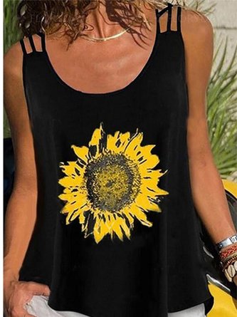 Black Floral Sleeveless Floral-Print T-shirt