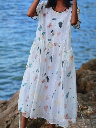 White Casual Floral-Print Weaving Dress