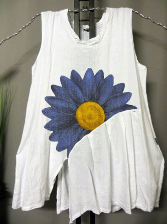 White Knitted Casual Shift Floral Tanks & Camis