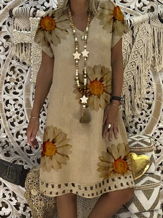 Khaki Cotton Printed V Neck Casual Weaving Dress
