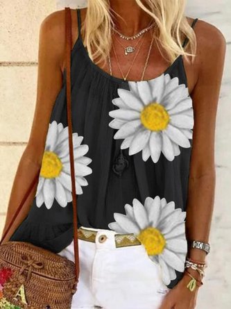 Vintage Sleeveless Boho Daisy Floral Printed Crew Neck Casual Vest Top