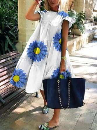 Floral Loose Crew Neck Casual Short Sleeve Dresses