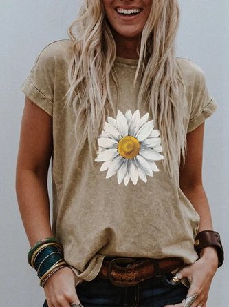 Crew Neck Short Sleeve Floral-Print Casual T-shirt