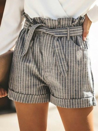 Casual Cotton & Linen Paperbag Striped Short