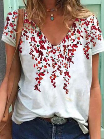 Casual Short Sleeve Cotton-Blend Floral-Print Top