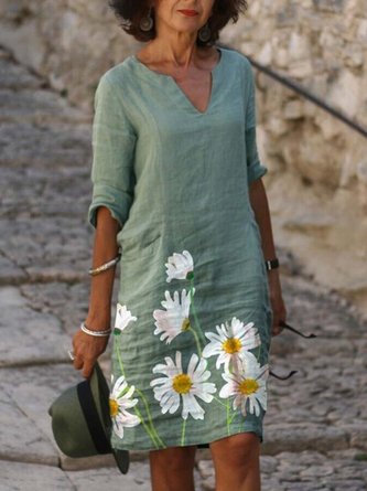 Green 3/4 Sleeve Floral V Neck Casual Daily Weaving Dress