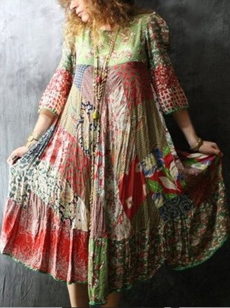 Plus Size Floral Vintage Cotton-Blend Weaving Dress