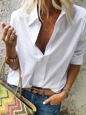 Women White Long Sleeve Collar Solid Casual shirt