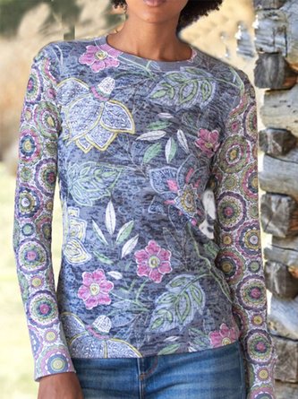 Blue Printed Round Neck Cotton-Blend Long Sleeve Tunic T-Shirt
