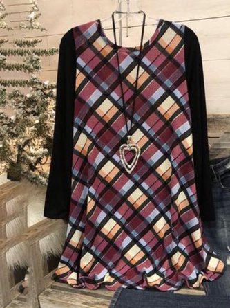 Checkered/plaid Long Sleeve Casual Knitting Dress