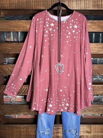 Pink Stars Printed Shift Crew Neck Long Sleeve Tunic Top