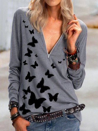 Casual Floral-Print Cotton-Blend Long Sleeve Tunic Top