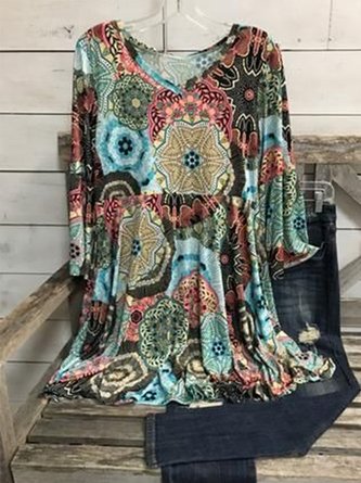 Vintage Long Sleeve V Neck Statement Geometric Printed Casual Tunic Top