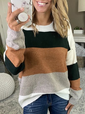 Plain Color-Block Long Sleeve Shift Sweater