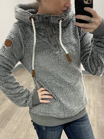 Gray Solid Paneled Long Sleeve Hoodie Sweatshirts