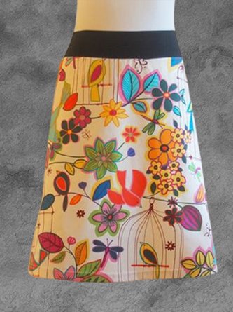 Beige Floral Printed Vintage Casual Daily A-Line Skirt