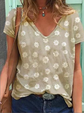 Printed Cotton Blends Short Sleeve Casual V Neck Top