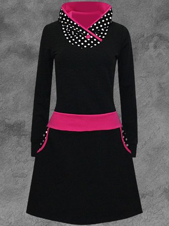 Black Polka Dots Printed Vintage Casual Stand Collar Long Sleeve A-line Knitting Dress