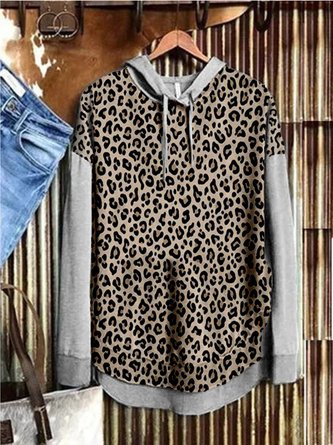 Gray Long Sleeve Cotton-Blend Printed Leopard Sweatshirtss