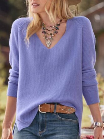 Long Sleeve Solid Slit V Neck Tunic Sweater Knit Jumper