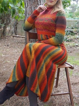 Elegant Long Sleeve Printed Patchwork Sweater Dress