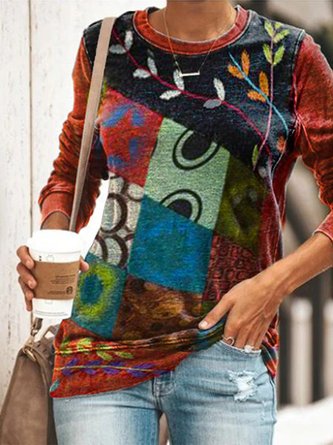 Casual Floral-Print Crew Neck Long Sleeve Tops