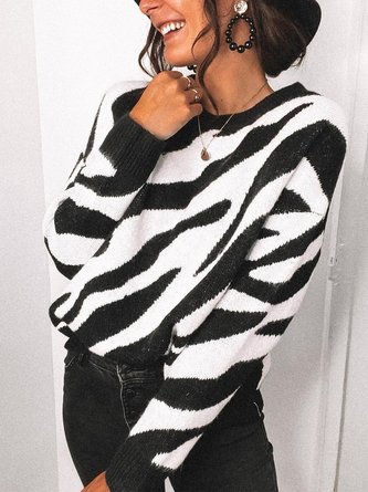 Vintage Statement Zebra Plus Size Long Sleeve Crew Neck Casual Sweater