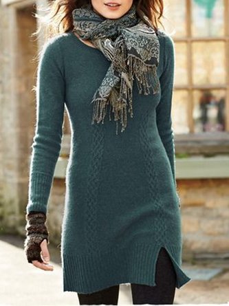 Green Casual Slit Long Sleeve Slim Knitted Crew Neck Knitting Dress